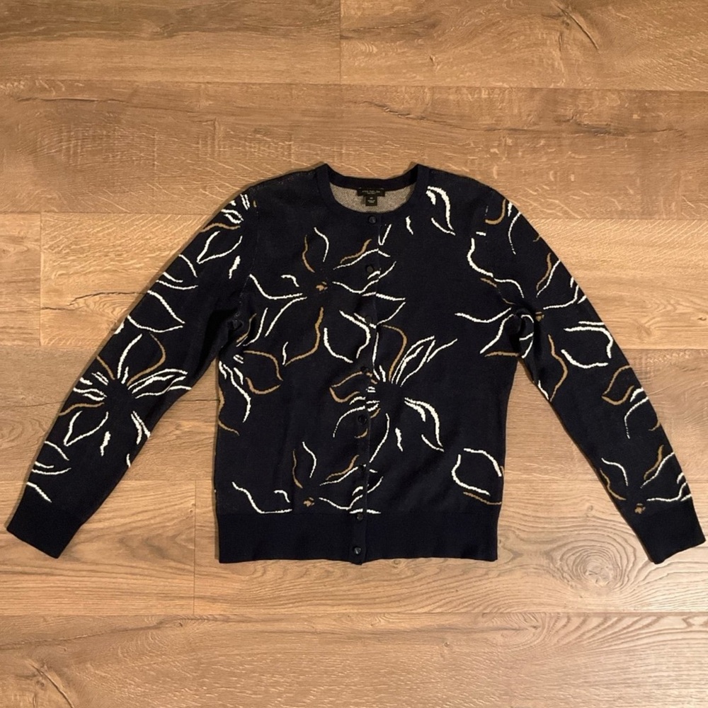 Ann Taylor Factory navy, cream, chartreuse floral cardigan, XS